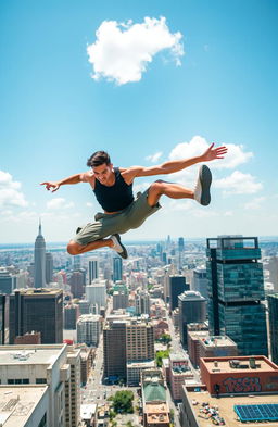 A dynamic action shot of a daring parkour athlete leaping across rooftops in a sprawling urban landscape