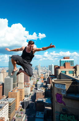 A dynamic action shot of a daring parkour athlete leaping across rooftops in a sprawling urban landscape