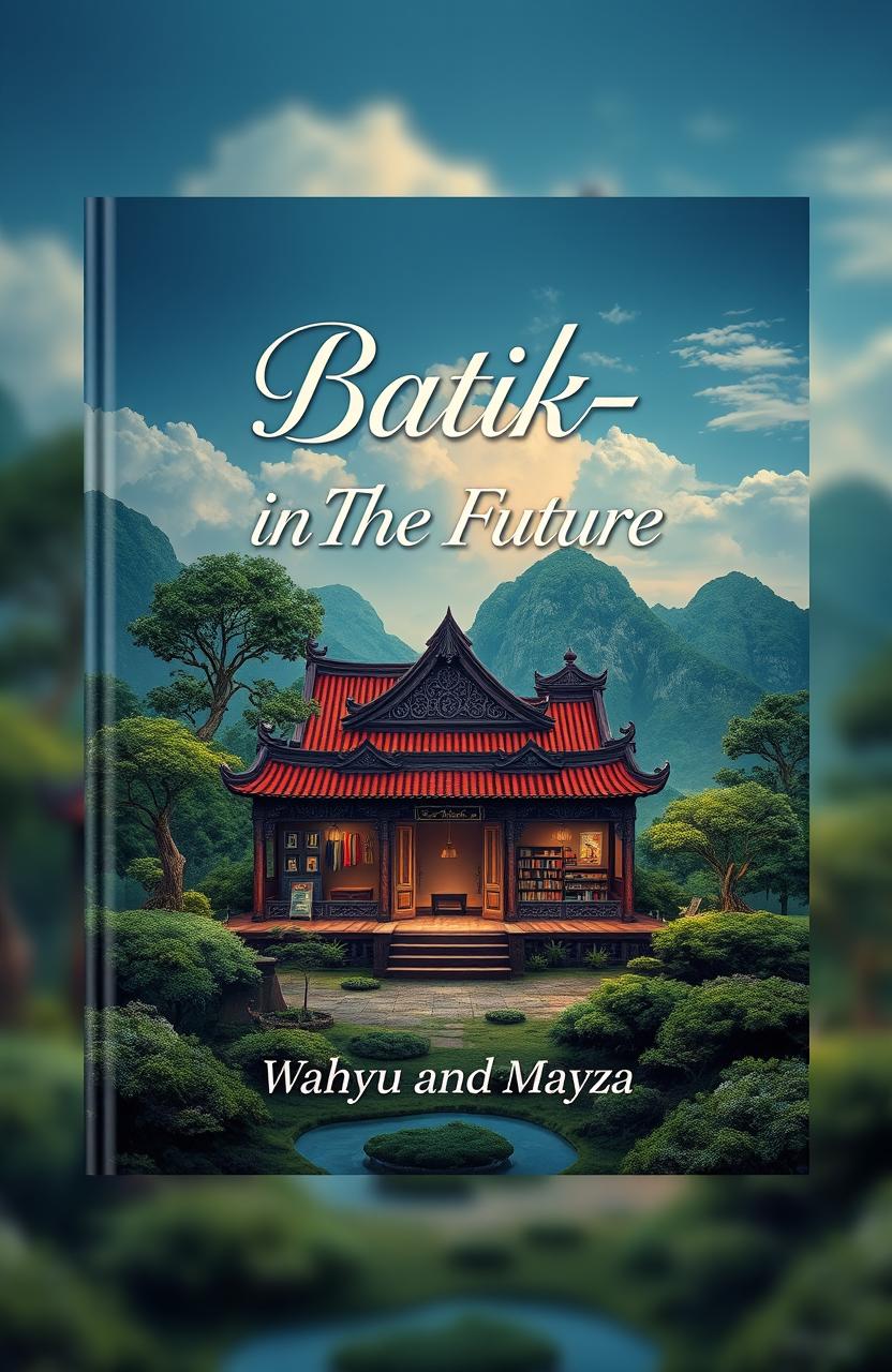 A stunning book cover design for 'Batik-in The Future', featuring an artistic representation of an ancient batik shop set against a beautiful aesthetic scenery