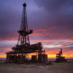 An old, rustic oil rig set against an uncanny sunset background. The rig, covered in rust and wear, dramatically contrasts with the vibrant oranges, purples, and reds of the eerie sunset.