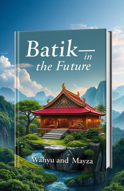 A stunning book cover design for 'Batik-in The Future', featuring an artistic representation of an ancient batik shop set against a beautiful aesthetic scenery