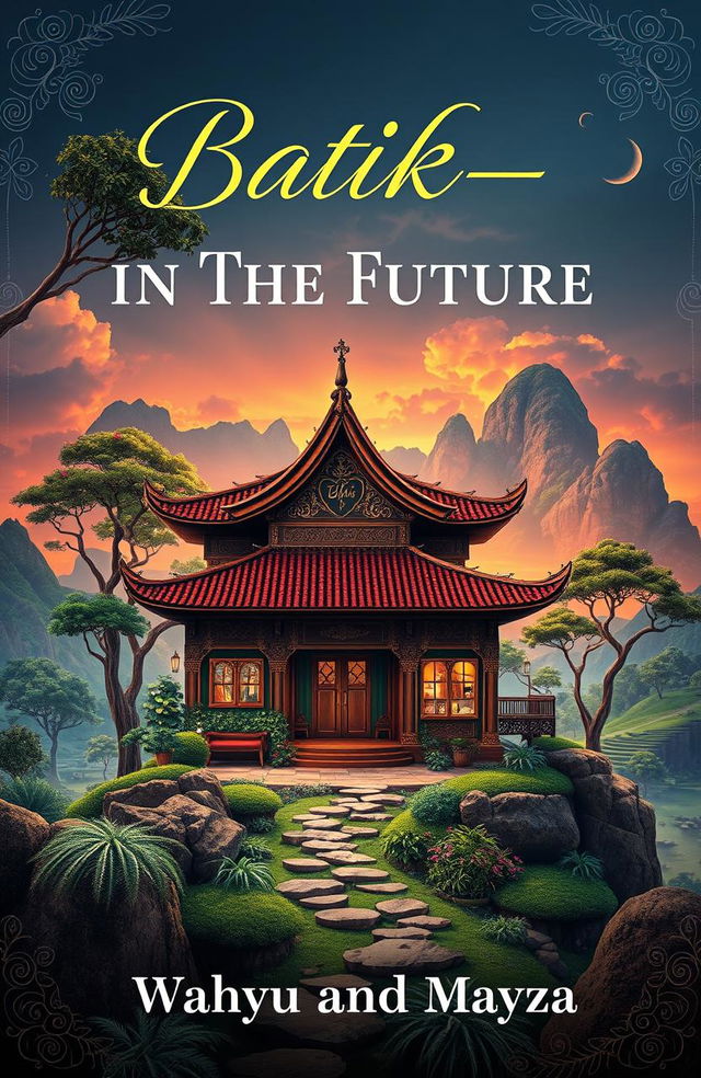 A stunning book cover design for 'Batik-in The Future', featuring an artistic representation of an ancient batik shop set against a beautiful aesthetic scenery