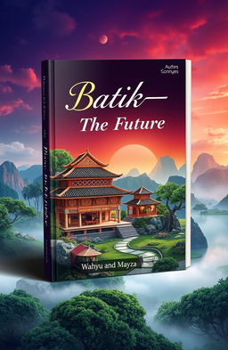A stunning book cover design for 'Batik-in The Future', featuring an artistic representation of an ancient batik shop set against a beautiful aesthetic scenery