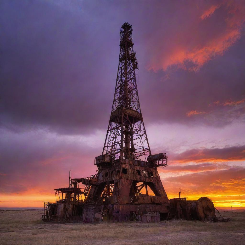 An old, rustic oil rig set against an uncanny sunset background. The rig, covered in rust and wear, dramatically contrasts with the vibrant oranges, purples, and reds of the eerie sunset.