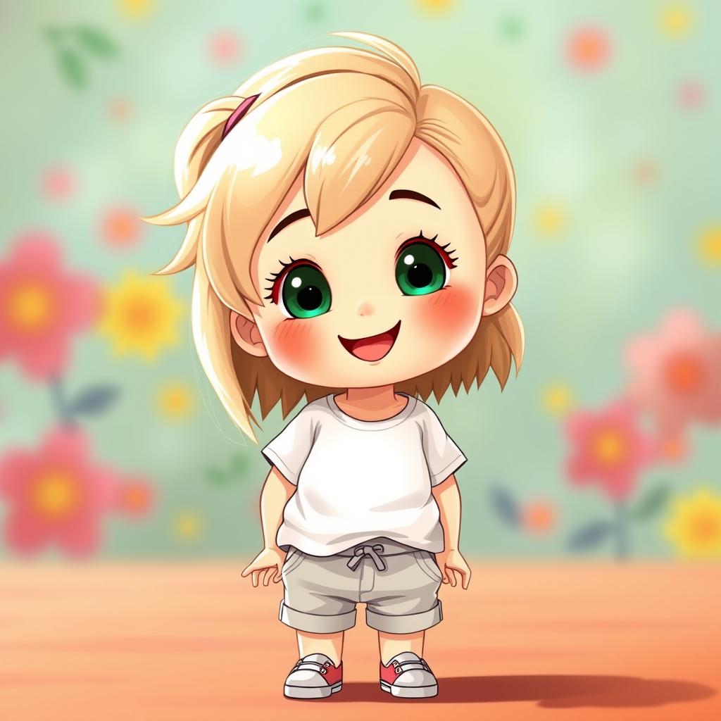 A hyperrealistic depiction of a cute, cheerful young girl in chibi style