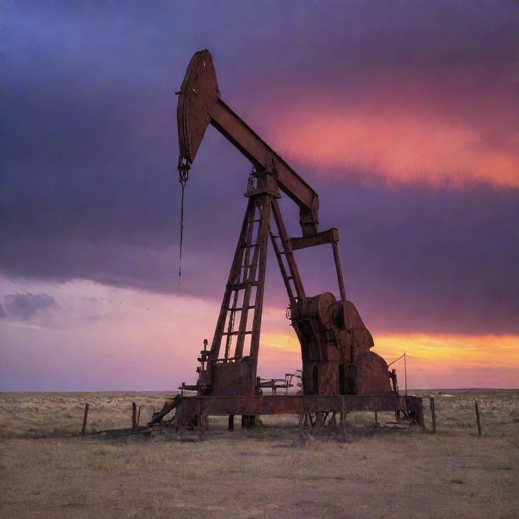 An old, rustic oil rig in West Texas under a shroud of an eerie sunset. The weather-beaten metal stands stark against the vibrant backdrop of purples, oranges, and reds reflecting over the expansive Texas plains.