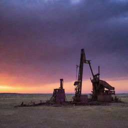 An old, rustic oil rig in West Texas under a shroud of an eerie sunset. The weather-beaten metal stands stark against the vibrant backdrop of purples, oranges, and reds reflecting over the expansive Texas plains.