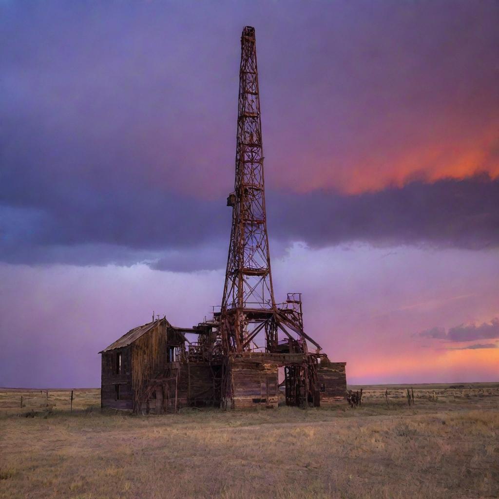 An old, rustic oil rig in West Texas under a shroud of an eerie sunset. The weather-beaten metal stands stark against the vibrant backdrop of purples, oranges, and reds reflecting over the expansive Texas plains.