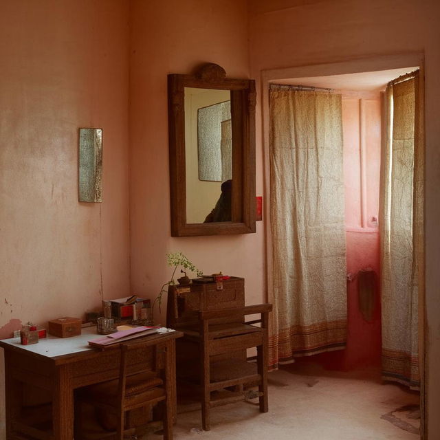 Small, intimate room with three small cupboards, a large almirah, a single study table, and a long mirror.