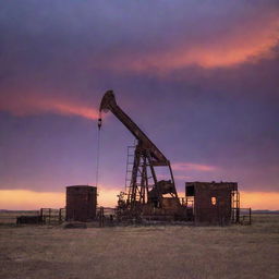 An old, rustic oil rig in West Texas under a shroud of an eerie sunset. The weather-beaten metal stands stark against the vibrant backdrop of purples, oranges, and reds reflecting over the expansive Texas plains.