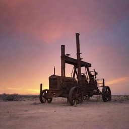 A rustic, old oil pulling rig standing in a desolate part of West Texas. The rig, covered in layers of rust, set against an eerie sunset that bathes the scene in an unsettling glow, accentuating the desolation.