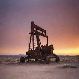 A rustic, old oil pulling rig standing in a desolate part of West Texas. The rig, covered in layers of rust, set against an eerie sunset that bathes the scene in an unsettling glow, accentuating the desolation.