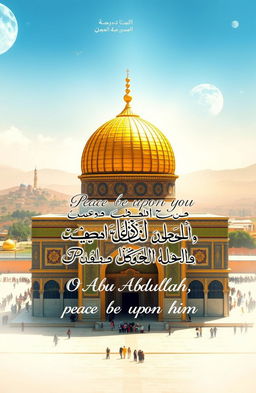 A beautiful and detailed depiction of the shrine of Imam Hussein in Karbala, with its intricate architecture and vibrant golden dome