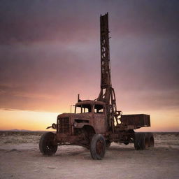 A rustic, old oil pulling rig standing in a desolate part of West Texas. The rig, covered in layers of rust, set against an eerie sunset that bathes the scene in an unsettling glow, accentuating the desolation.