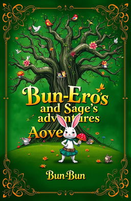 A whimsical and vibrant book cover design featuring an ancient, enchanted tree with sprawling branches and lush green leaves