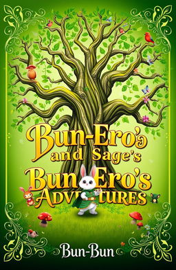 A whimsical and vibrant book cover design featuring an ancient, enchanted tree with sprawling branches and lush green leaves