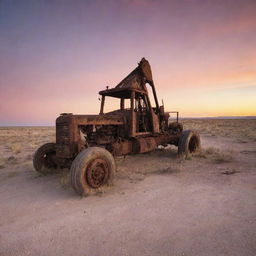 A rustic, old oil pulling rig standing in a desolate part of West Texas. The rig, covered in layers of rust, set against an eerie sunset that bathes the scene in an unsettling glow, accentuating the desolation.