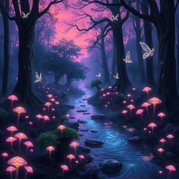 A dreamy landscape depicting a magical forest in twilight, filled with bioluminescent plants and glowing mushrooms that light up the surroundings