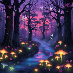 A dreamy landscape depicting a magical forest in twilight, filled with bioluminescent plants and glowing mushrooms that light up the surroundings