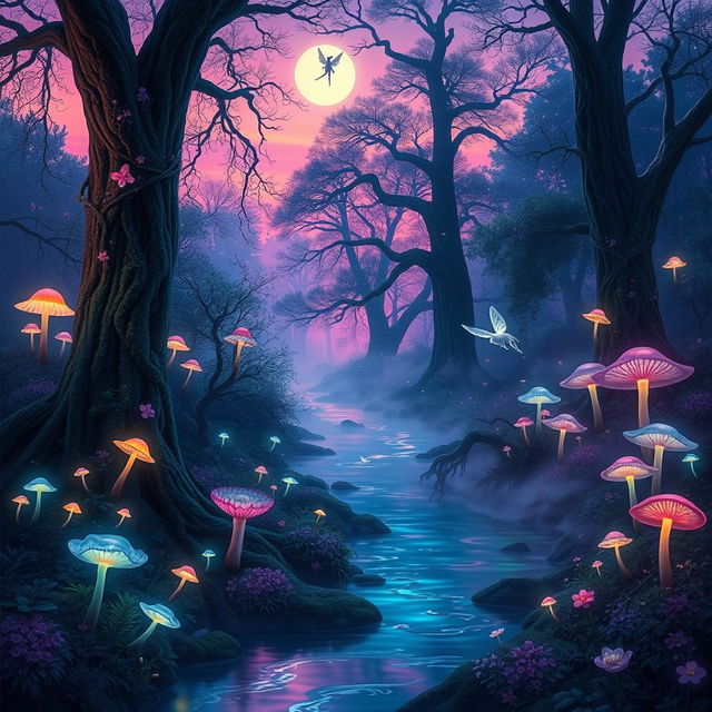 A dreamy landscape depicting a magical forest in twilight, filled with bioluminescent plants and glowing mushrooms that light up the surroundings