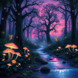 A dreamy landscape depicting a magical forest in twilight, filled with bioluminescent plants and glowing mushrooms that light up the surroundings