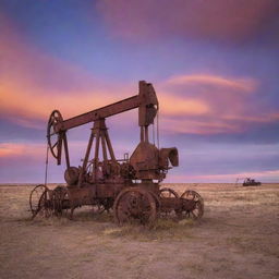 A rustic, old oil pulling rig enveloped by the vast West Texas sky, set against a hauntingly beautiful sunset. The stark contrast of the derelict machinery against the radiant hues of oranges, purples, and reds enhances its eeriness.