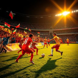 A dynamic and thrilling scene of a soccer match taking place in a lively stadium
