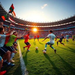 A dynamic and thrilling scene of a soccer match taking place in a lively stadium