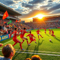 A dynamic and thrilling scene of a soccer match taking place in a lively stadium