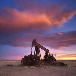 A rustic, old oil pulling rig enveloped by the vast West Texas sky, set against a hauntingly beautiful sunset. The stark contrast of the derelict machinery against the radiant hues of oranges, purples, and reds enhances its eeriness.