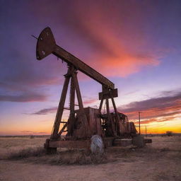 A rustic, old oil pulling rig enveloped by the vast West Texas sky, set against a hauntingly beautiful sunset. The stark contrast of the derelict machinery against the radiant hues of oranges, purples, and reds enhances its eeriness.