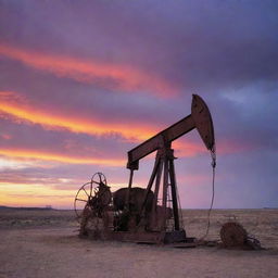 A rustic, old oil pulling rig enveloped by the vast West Texas sky, set against a hauntingly beautiful sunset. The stark contrast of the derelict machinery against the radiant hues of oranges, purples, and reds enhances its eeriness.