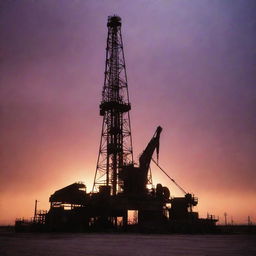 A 1990s oil rig in West Texas under a dusty sunset sky. The mechanical silhouette, characterized by towering derricks and intricate pipework, stands stark against the eerie backdrop of vibrant reds, purples, and oranges intensified by the dust particles.