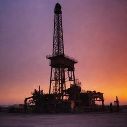 A 1990s oil rig in West Texas under a dusty sunset sky. The mechanical silhouette, characterized by towering derricks and intricate pipework, stands stark against the eerie backdrop of vibrant reds, purples, and oranges intensified by the dust particles.