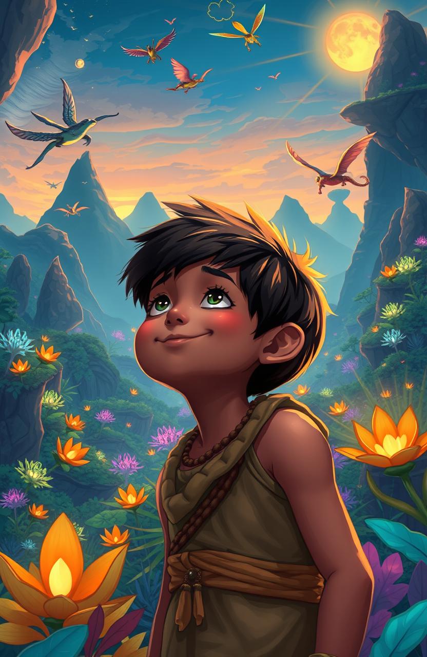 A heartwarming illustration of an inspiring young boy in a fantastical world reminiscent of 'Avatar', surrounded by lush, vivid landscapes filled with bioluminescent plants and floating mountains