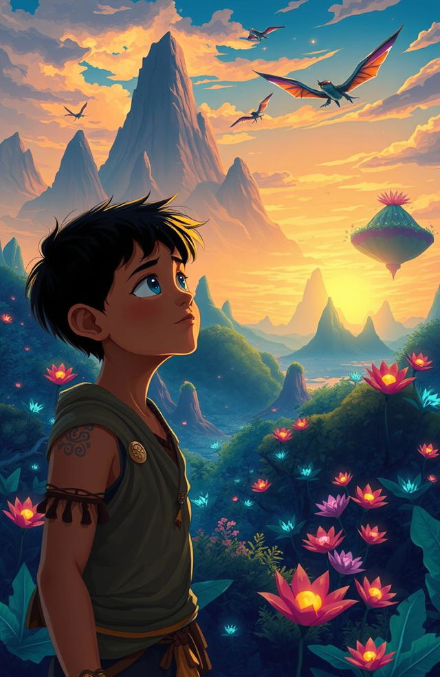 A heartwarming illustration of an inspiring young boy in a fantastical world reminiscent of 'Avatar', surrounded by lush, vivid landscapes filled with bioluminescent plants and floating mountains