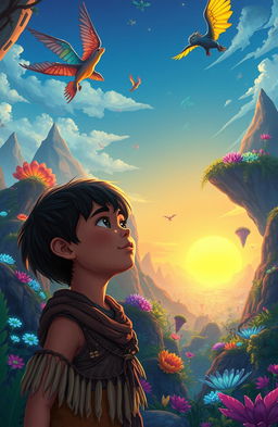A heartwarming illustration of an inspiring young boy in a fantastical world reminiscent of 'Avatar', surrounded by lush, vivid landscapes filled with bioluminescent plants and floating mountains