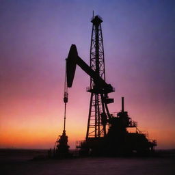 A 1990s oil rig in West Texas under a dusty sunset sky. The mechanical silhouette, characterized by towering derricks and intricate pipework, stands stark against the eerie backdrop of vibrant reds, purples, and oranges intensified by the dust particles.