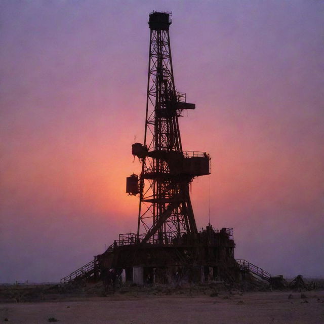 A 1990s oil rig in West Texas under a dusty sunset sky. The mechanical silhouette, characterized by towering derricks and intricate pipework, stands stark against the eerie backdrop of vibrant reds, purples, and oranges intensified by the dust particles.