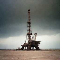 A 1990s oil rig situated in West Texas, under a dusty, eerie sky. The rig's monolithic structures and heavy machinery cast a striking contrast against the ghostly skies, echoing with particles of dust scattering the last rays of sunlight.