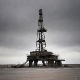 A 1990s oil rig situated in West Texas, under a dusty, eerie sky. The rig's monolithic structures and heavy machinery cast a striking contrast against the ghostly skies, echoing with particles of dust scattering the last rays of sunlight.