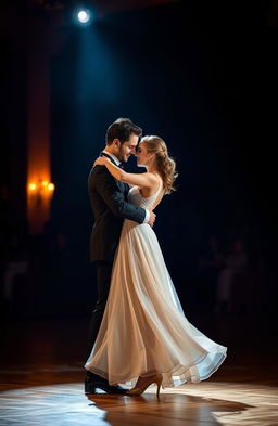 A romantic scene of a man and a woman dancing together on a dimly lit dance floor, showcasing their affection for each other