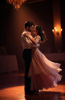 A romantic scene of a man and a woman dancing together on a dimly lit dance floor, showcasing their affection for each other