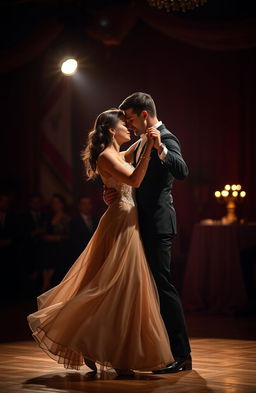 A romantic scene of a man and a woman dancing together on a dimly lit dance floor, showcasing their affection for each other