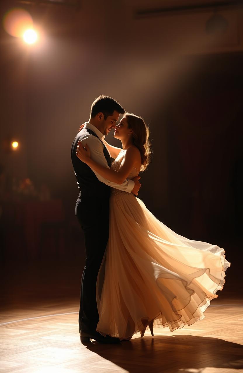 A romantic scene of a man and a woman dancing together on a dimly lit dance floor, showcasing their affection for each other