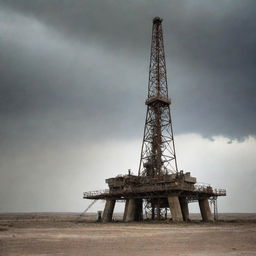 A 1990s oil rig situated in West Texas, under a dusty, eerie sky. The rig's monolithic structures and heavy machinery cast a striking contrast against the ghostly skies, echoing with particles of dust scattering the last rays of sunlight.