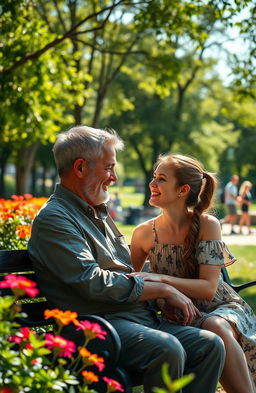 A heartfelt scene depicting a father and his adult daughter, having a deep conversation on a park bench