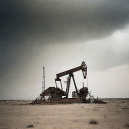 A 1990s oil rig situated in West Texas, under a dusty, eerie sky. The rig's monolithic structures and heavy machinery cast a striking contrast against the ghostly skies, echoing with particles of dust scattering the last rays of sunlight.