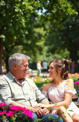 A heartfelt scene depicting a father and his adult daughter, having a deep conversation on a park bench
