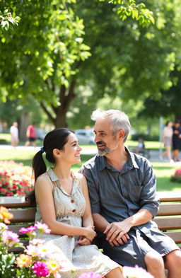 A heartfelt scene depicting a father and his adult daughter, having a deep conversation on a park bench